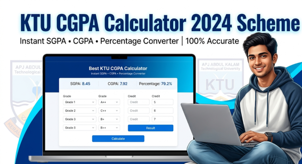 KTU CGPA Calculator 2024 Scheme – Instant SGPA, CGPA and CGPA to percentage converter tool for B.Tech students under latest KTU regulations